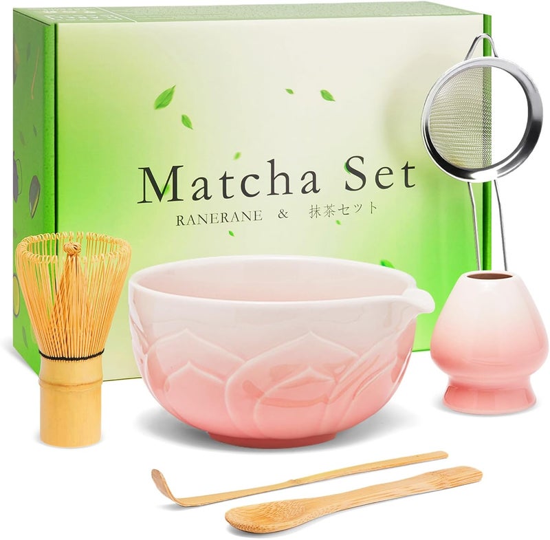 RANERANE Matcha Whisk Set, Lotus Gradient Pink Ceramic Matcha Set Includes Matcha Bowl, Matcha Whisk (Chasen) and Holder, Sifter, Bamboo Scoop & Spoon - 6 Pcs Matcha Kit for Matcha Lovers - Image 1